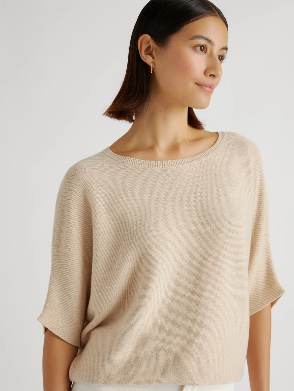 QUINCE Lightweight Cotton Cashmere Link-Stitch Dolman Sweater Heather Oatmeal L - Picture 3 of 10